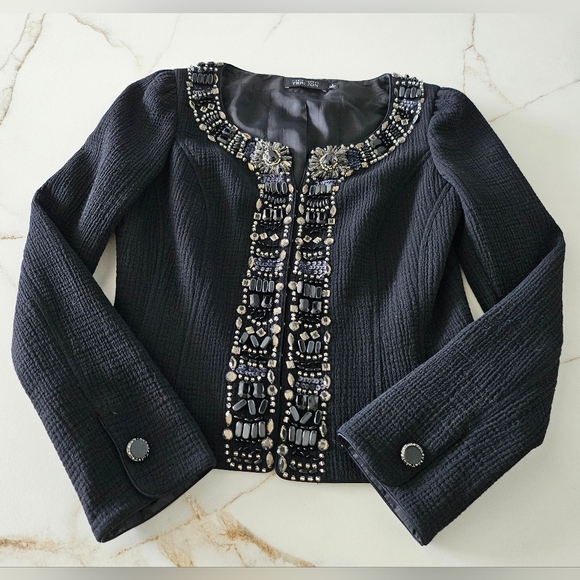 Rickie Freeman Teri Jon Black 100% Wool Jacket Womens Stones Beaded Formal Sz 6 - Picture 2 of 16